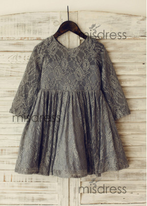 Long Sleeves Gray Allover Lace Flower Girl Dress